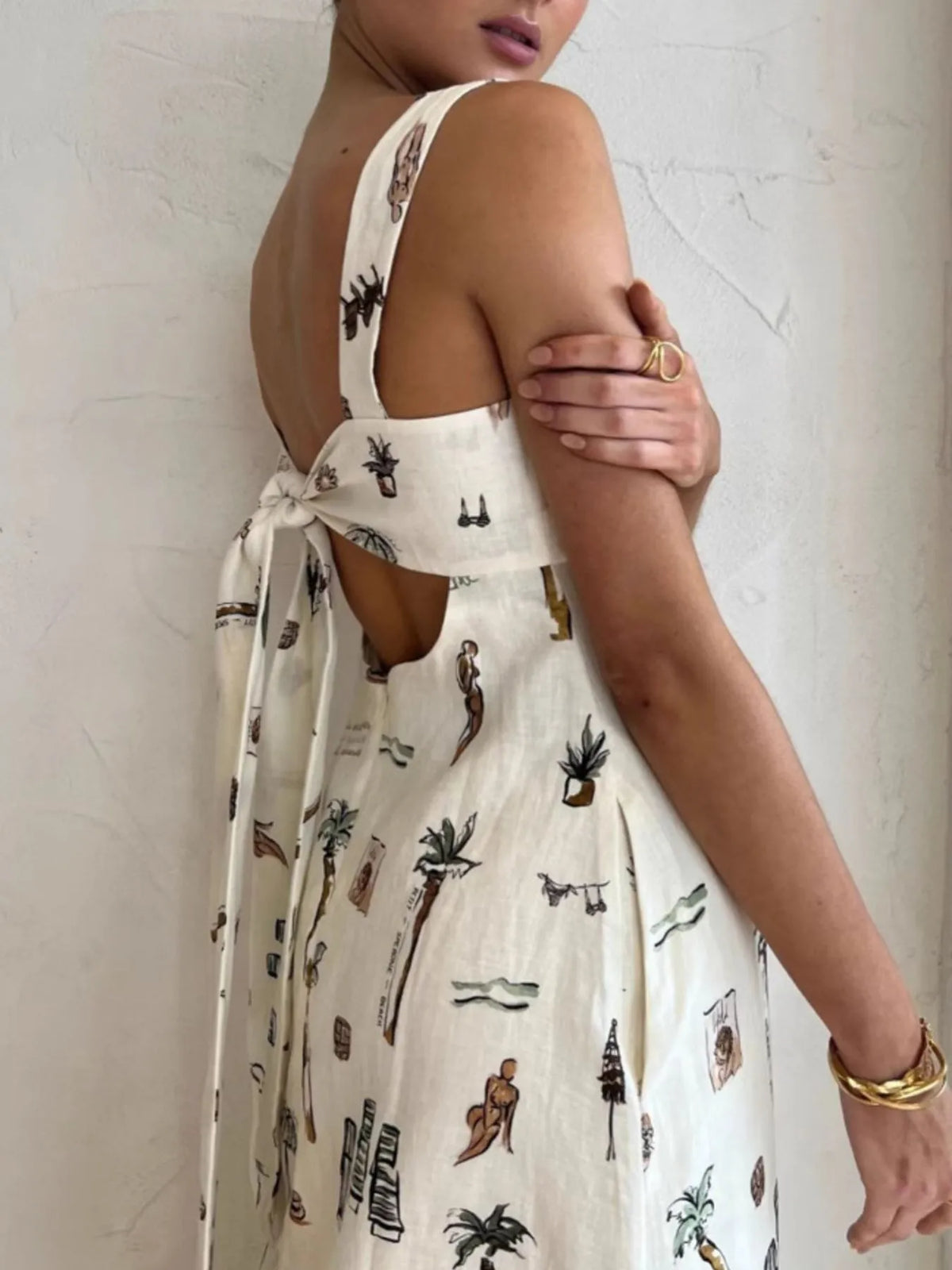 Beige printed cami maxi dress waist tie detail