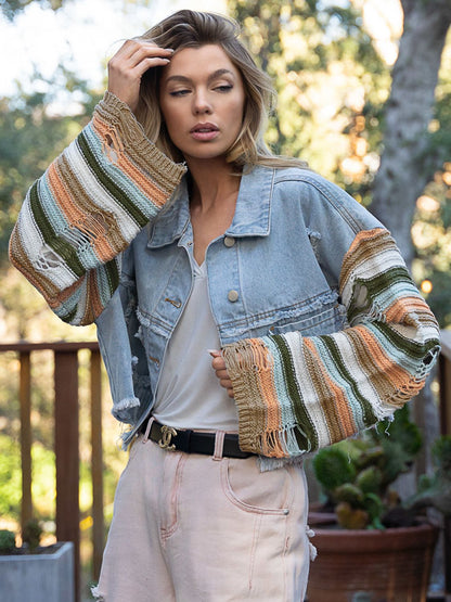 Distressed Striped Long Sleeve Denim Jacket Light - Fashorio