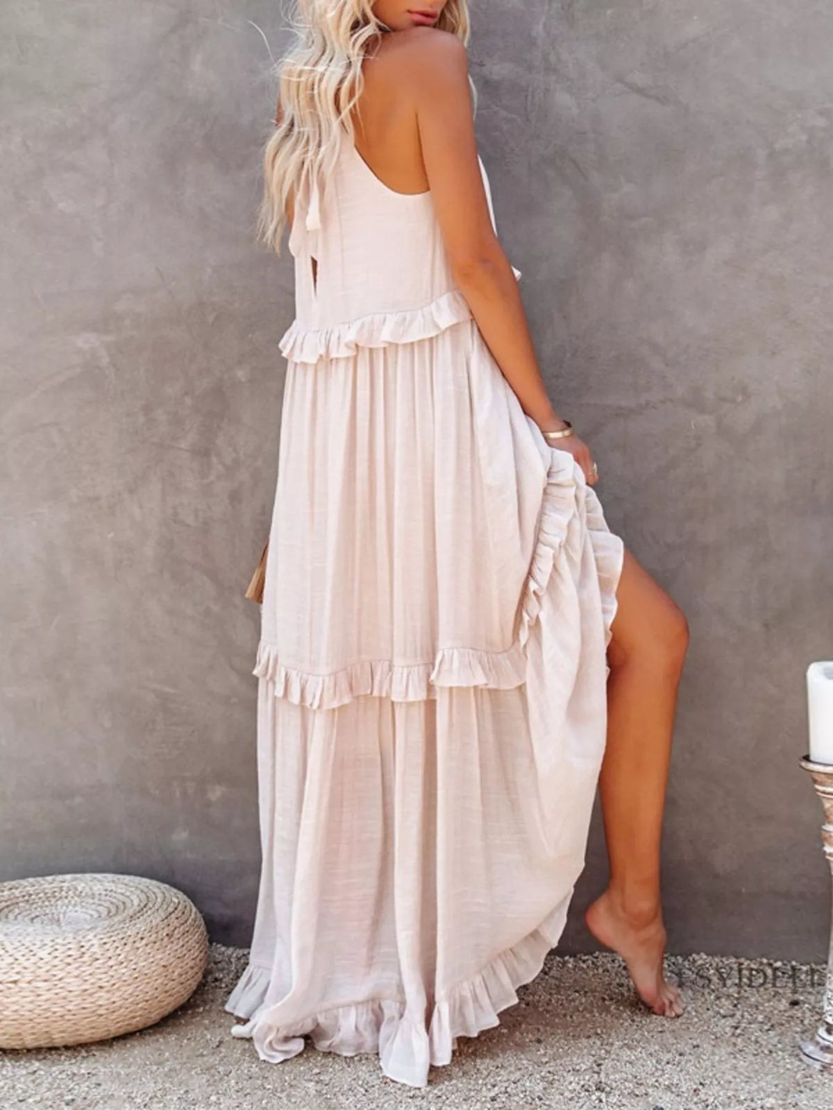 Ruffled tiered sleeveless maxi dress detail view