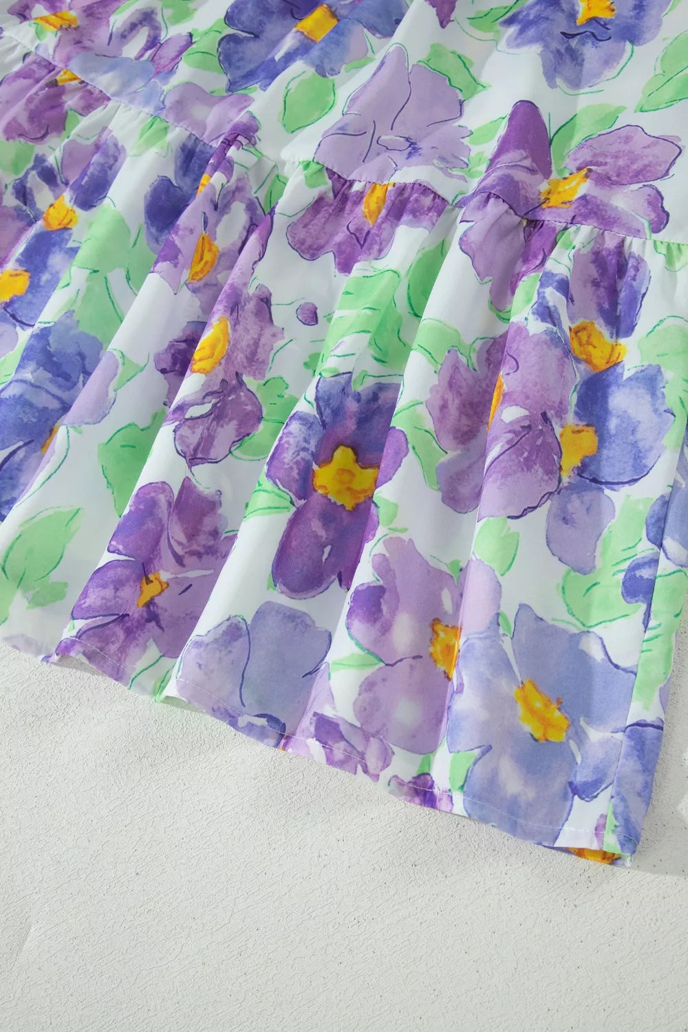 Lilac floral V collar tiered ruffle mini dress styled view
