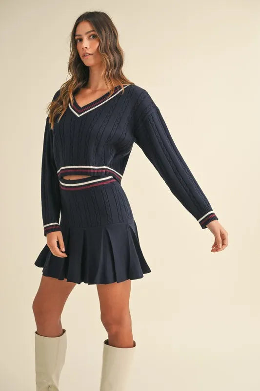 MABLE Cable-Knit Top and Pleated Skirt Sweater Set - Fashorio