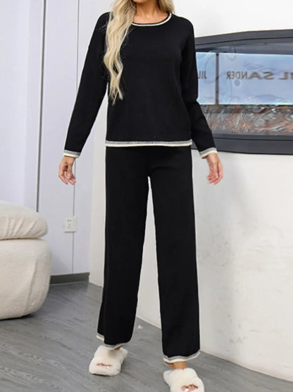 Contrast Trim Round Neck Top and Pants Sweater Set - Fashorio