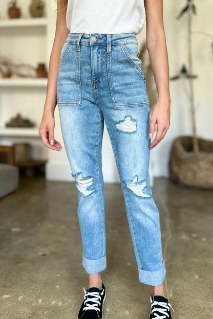 Judy Blue Full Size Distressed Straight Jeans with Patch Pockets - Fashorio