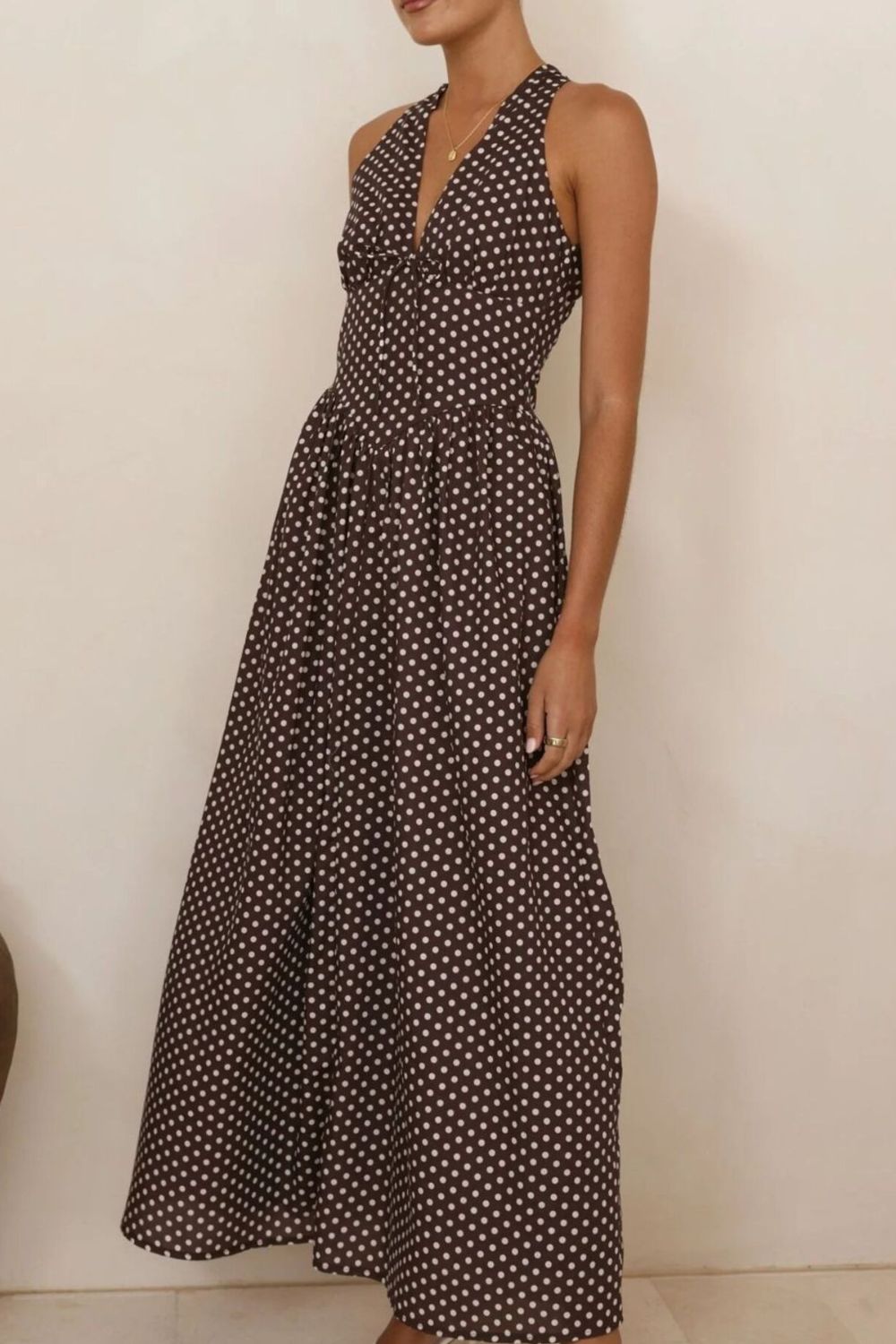 polka dot backless halter neck maxi dress styled outfit view