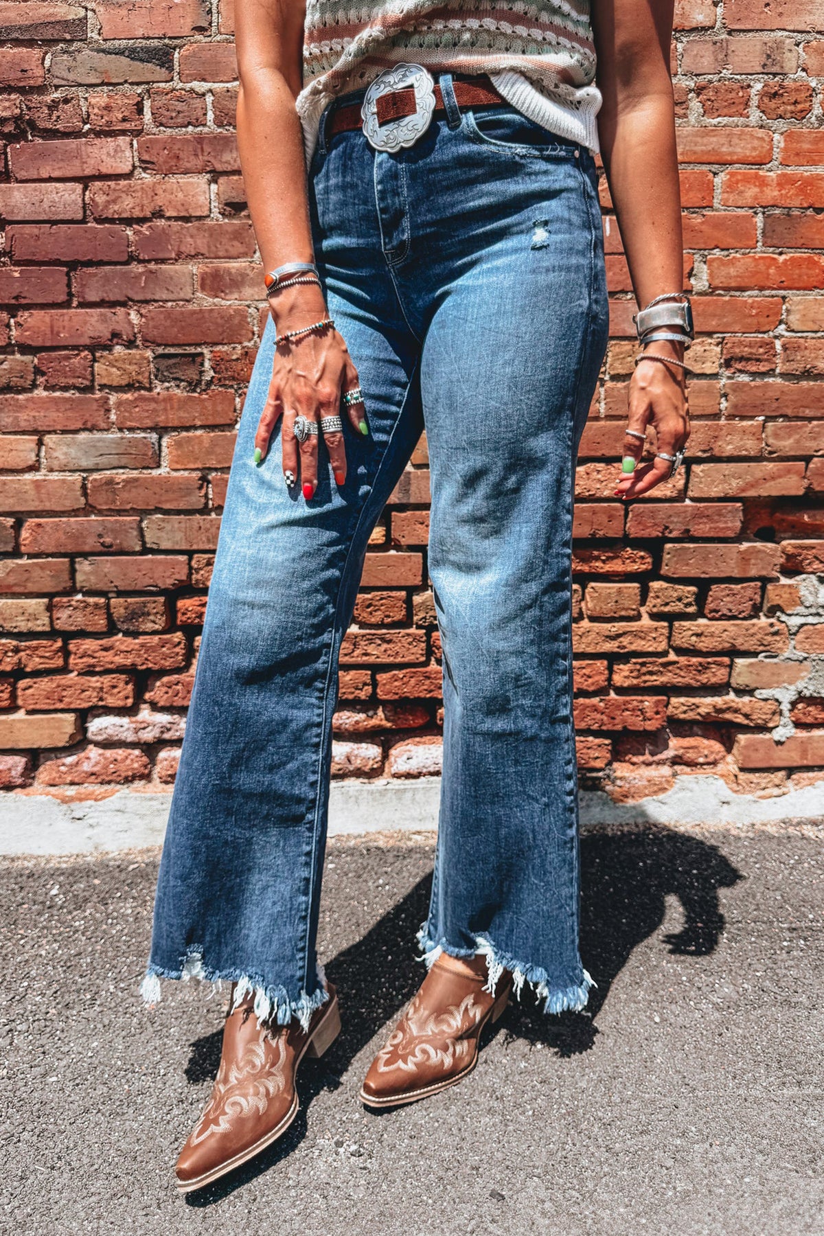 Blue high waist flare jeans casual outfit view