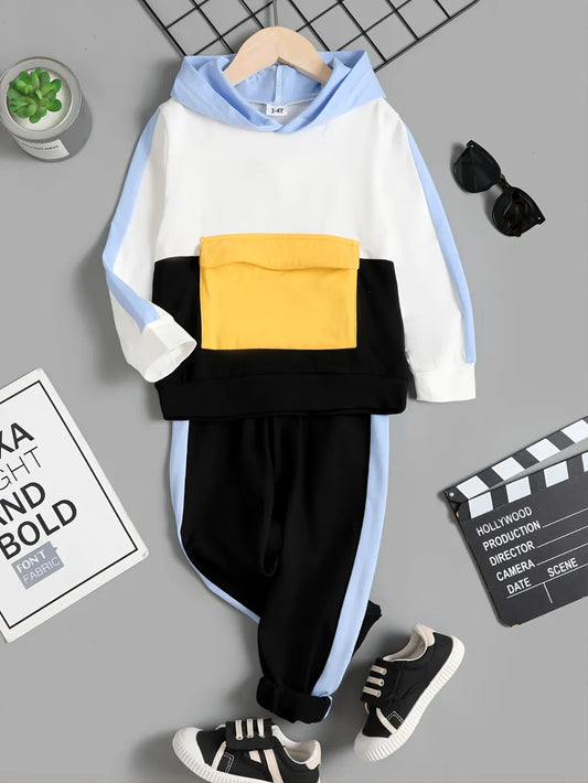 Children's Color Block Hoodie and Pants Set Black - Fashorio