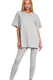 Zenana Cotton Round Neck Top & Legging Set H GREY - Fashorio