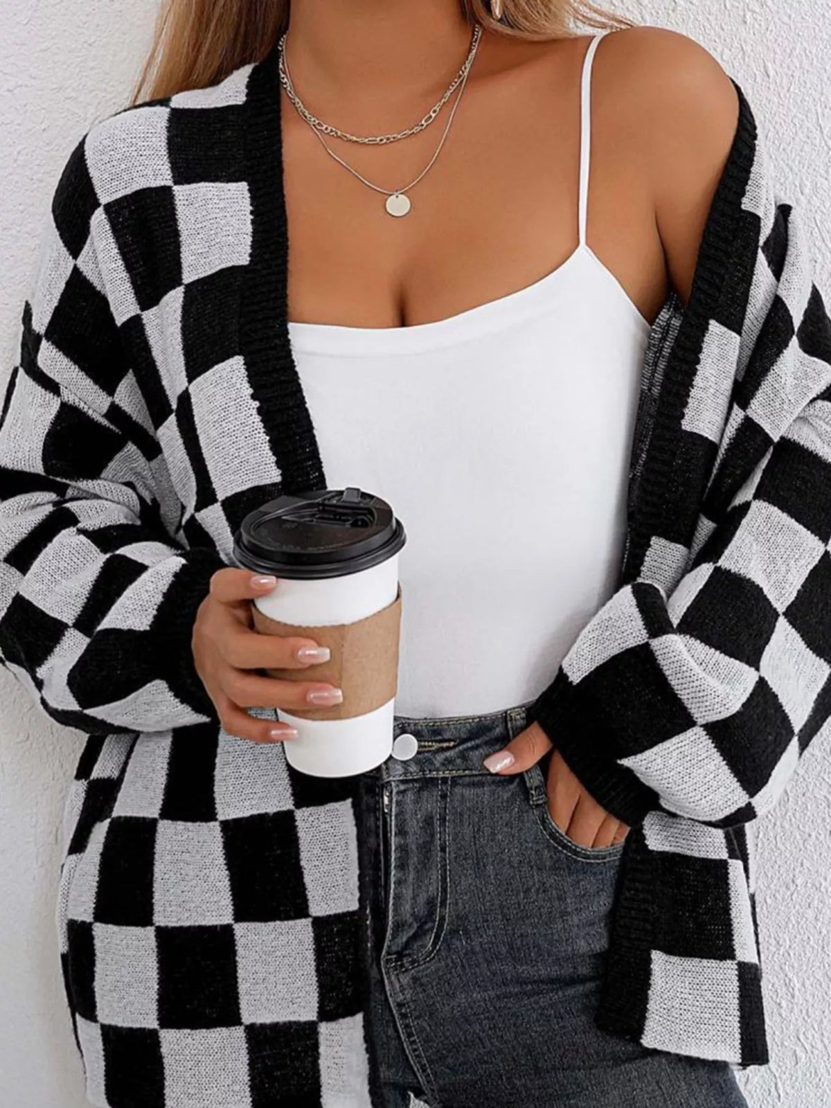 checkerboard open front knit cardigan front view
