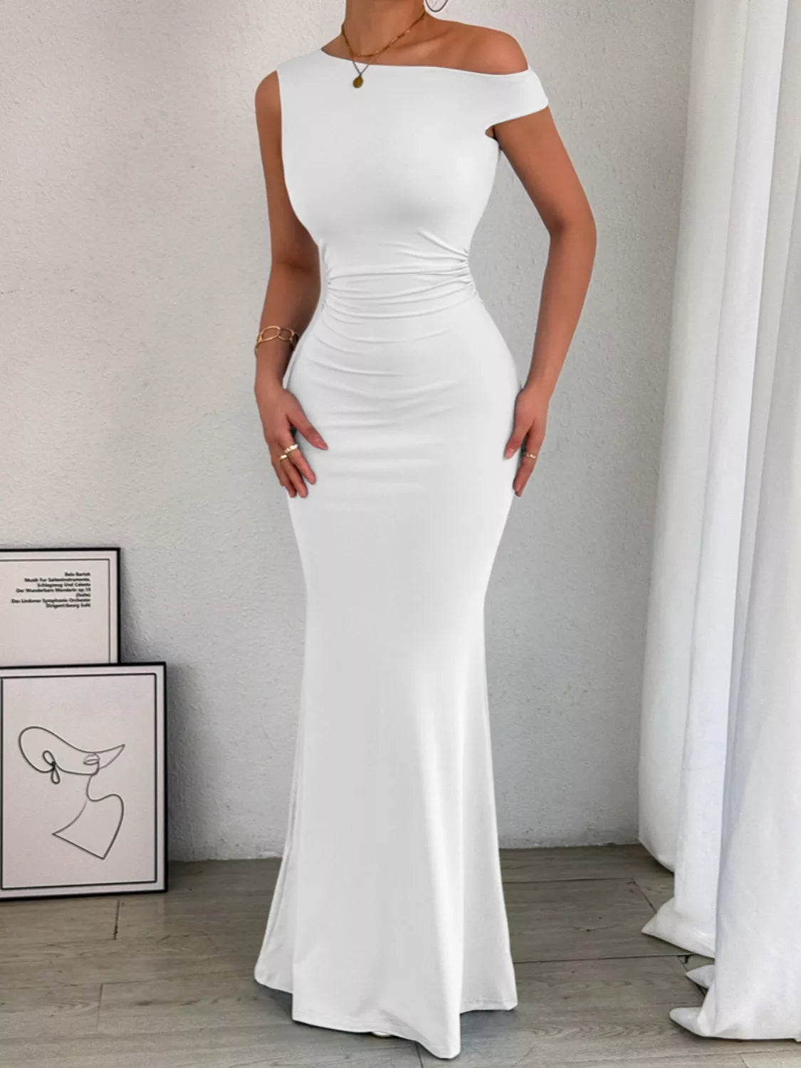 One shoulder maxi dress styling view