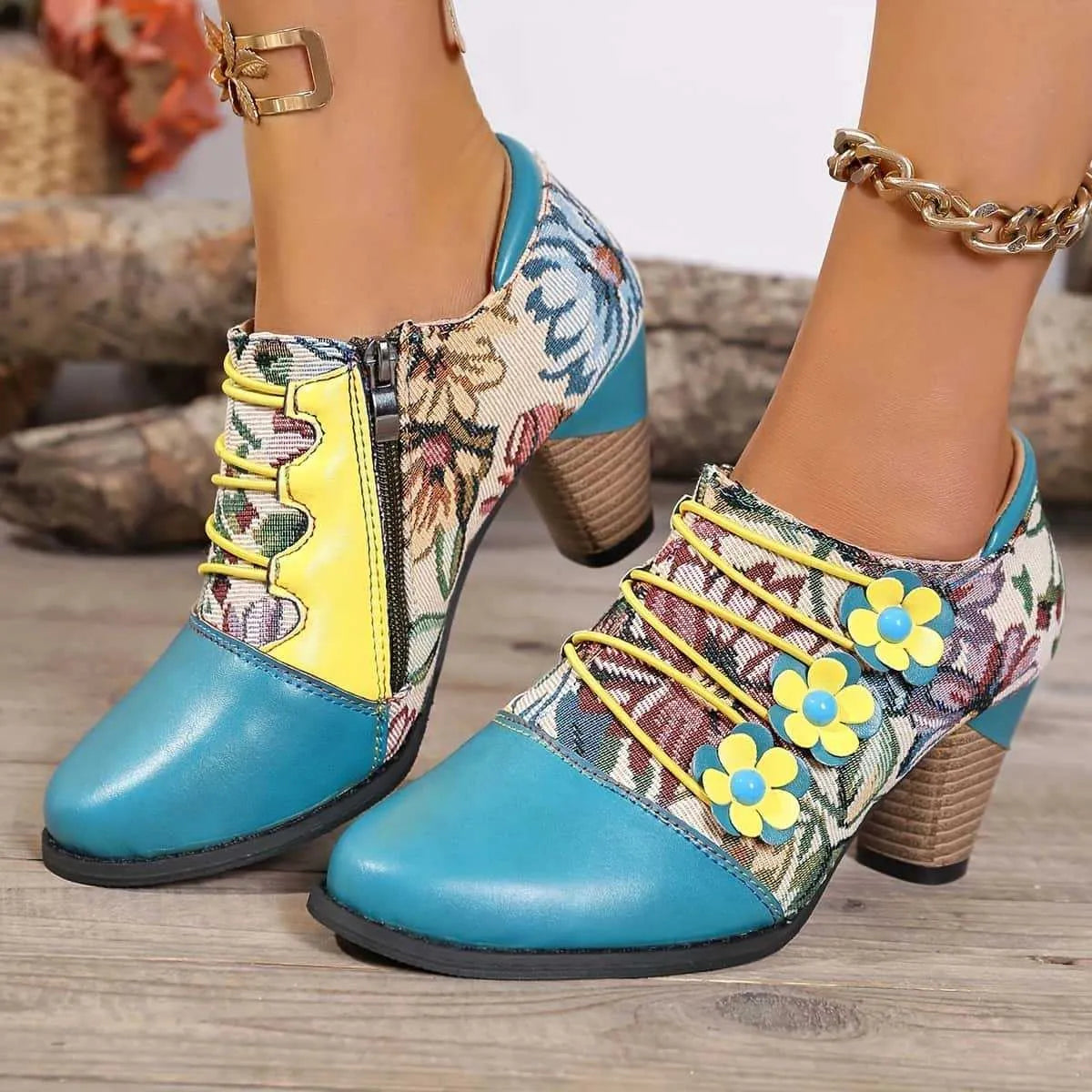 Vintage Bohemian Patchwork Ankle Boots back heel view