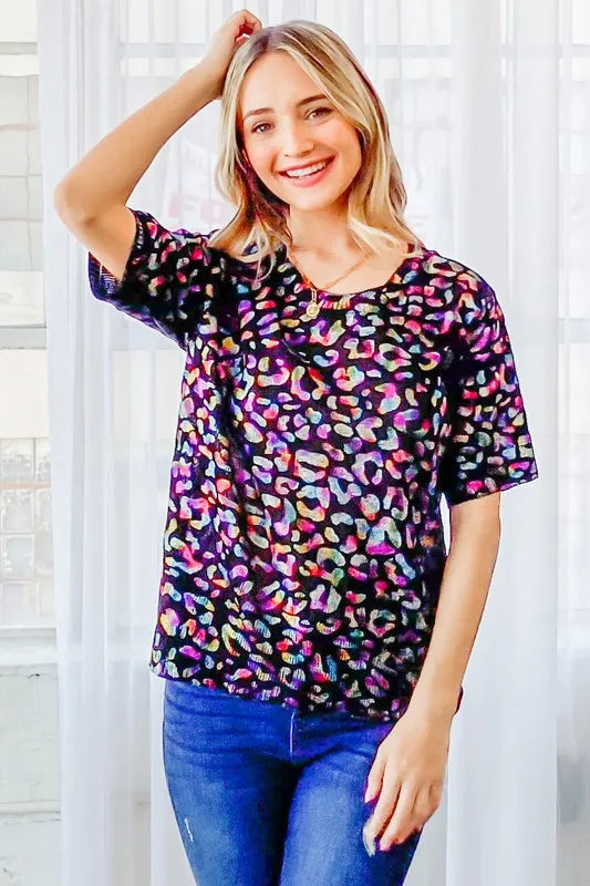 Leopard Foil Print Half Sleeve Sweater Top styled look