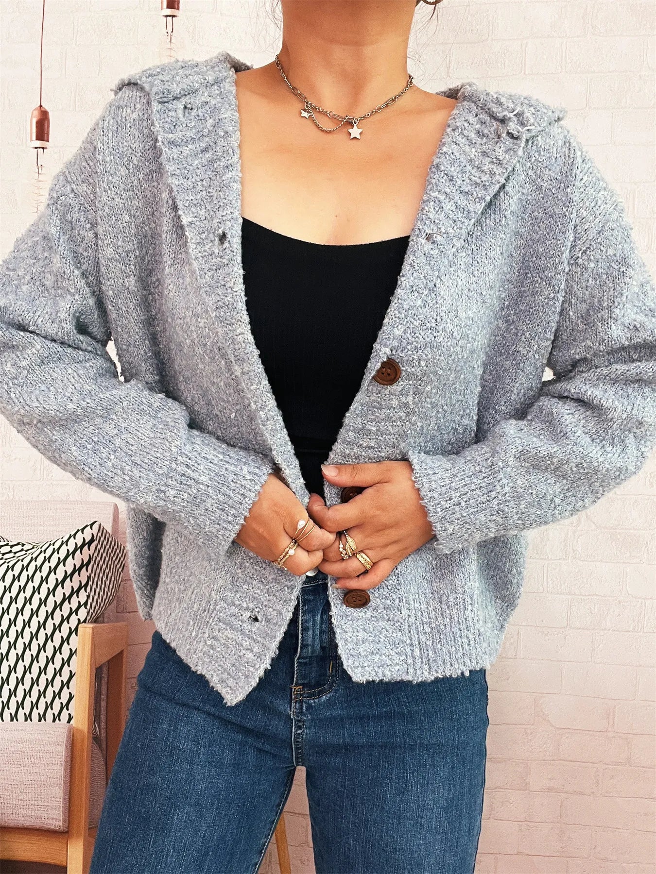Cozy Button-Up Hooded Cardigan - Fashorio