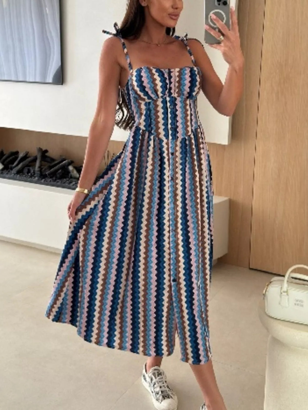 Printed tie strap midi dress close up view