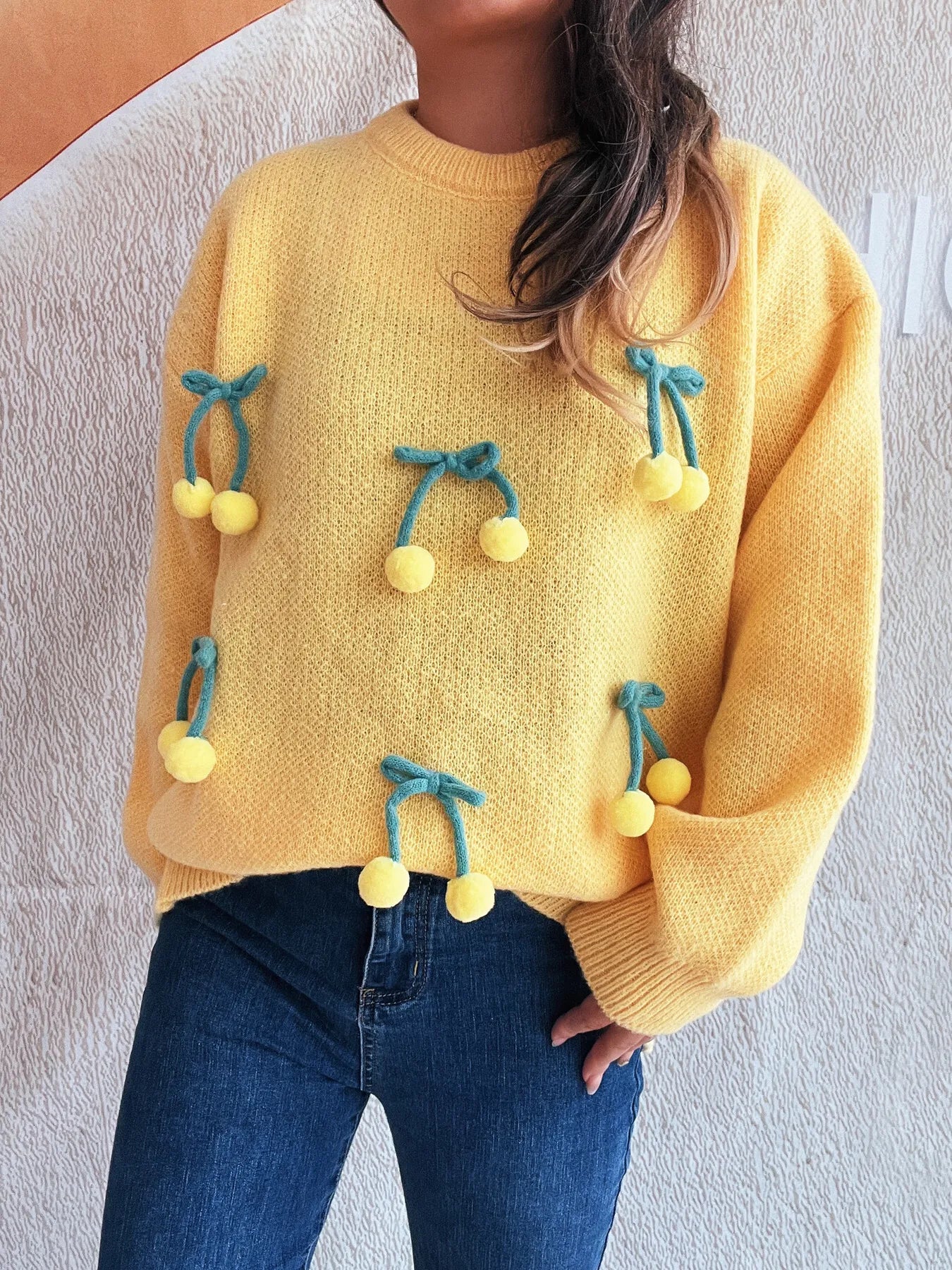 Cherry Round Neck Long Sleeve Sweater - Fashorio