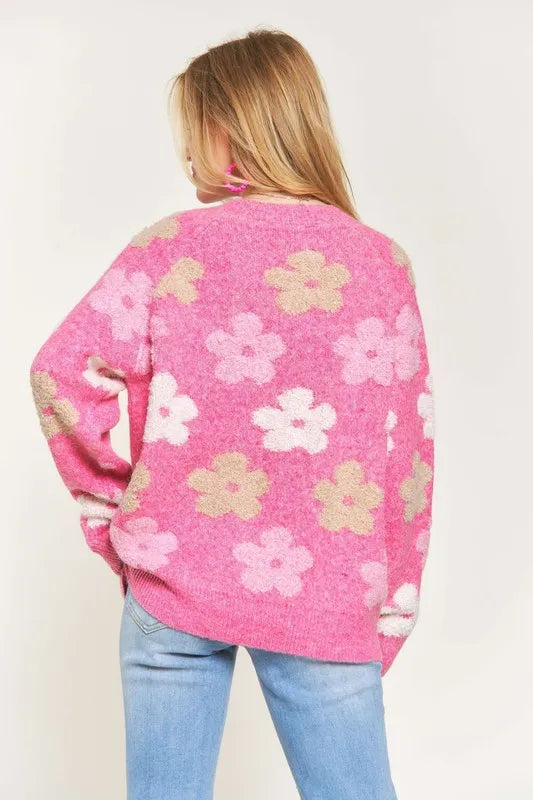 ADORA Full Size Floral Popped 2-Tone Sweater Top Plus Size - Fashorio