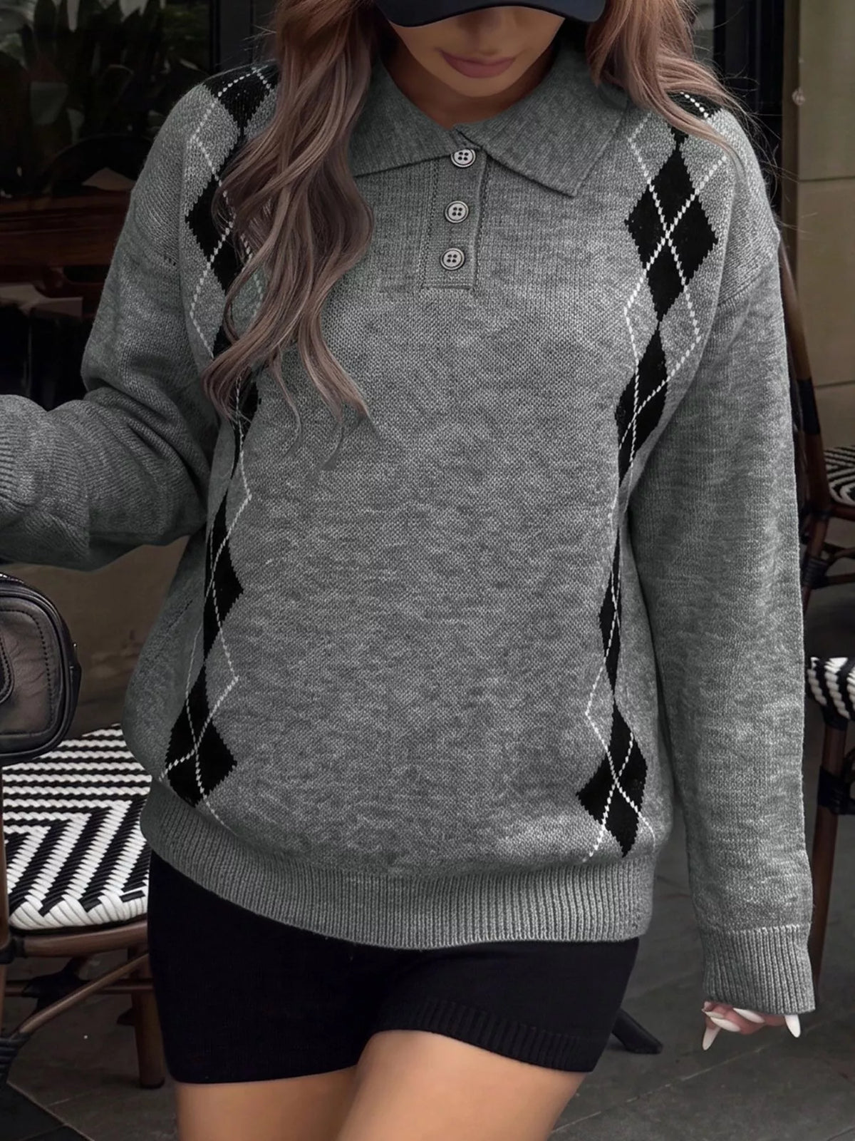 Argyle Polo Collar Ribbed Sweater side view