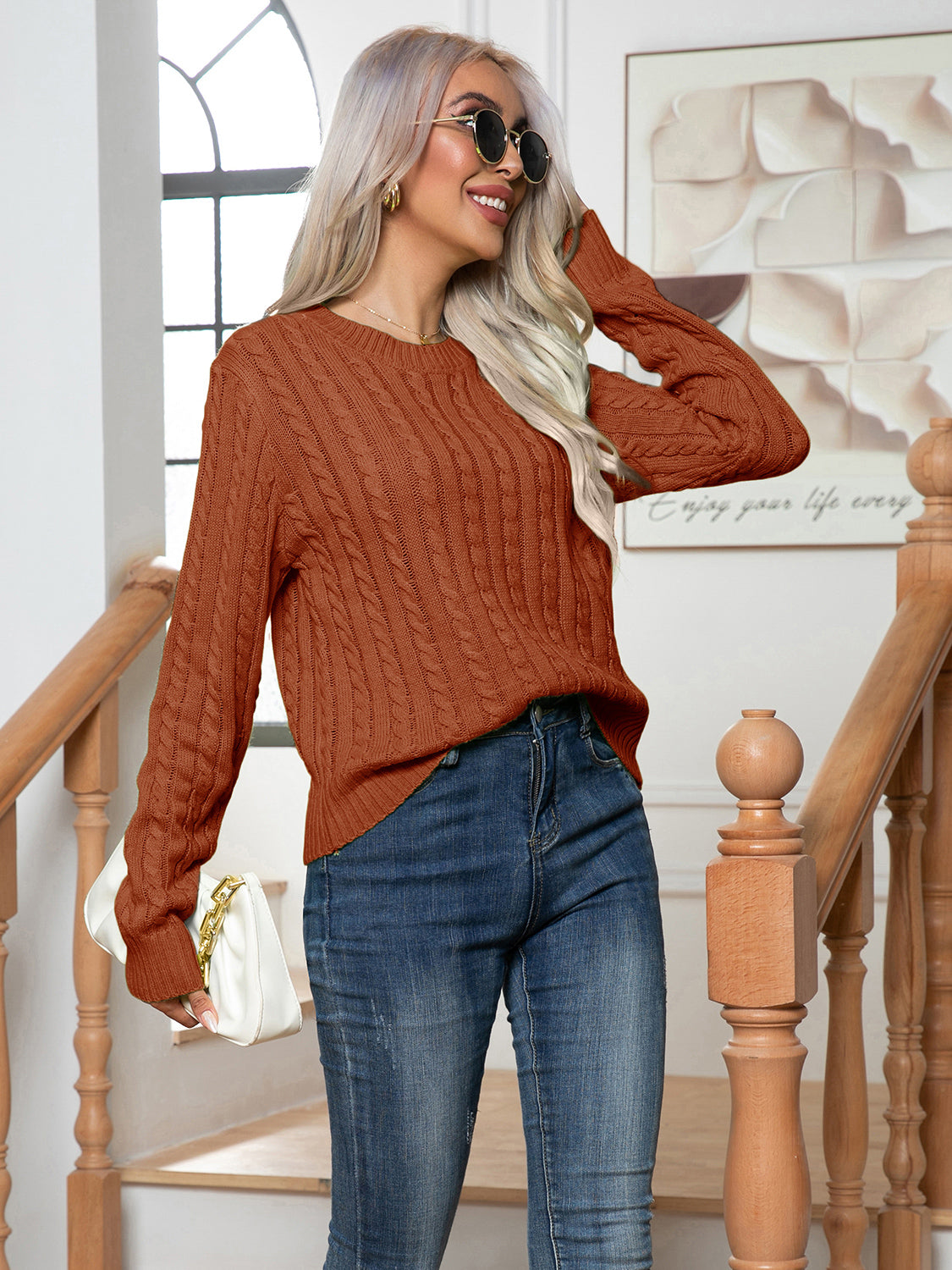 Cable-Knit Round Neck Long Sleeve Sweater - Fashorio