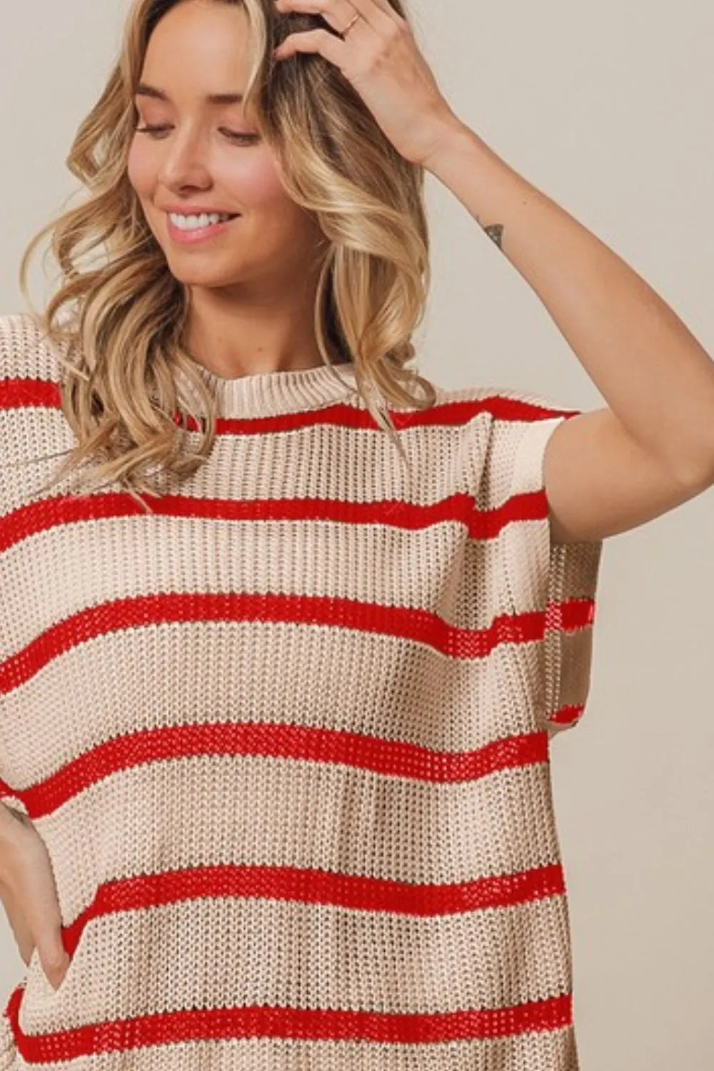 Americana Stripe Drop Shoulder Sweater in Oatmeal side view