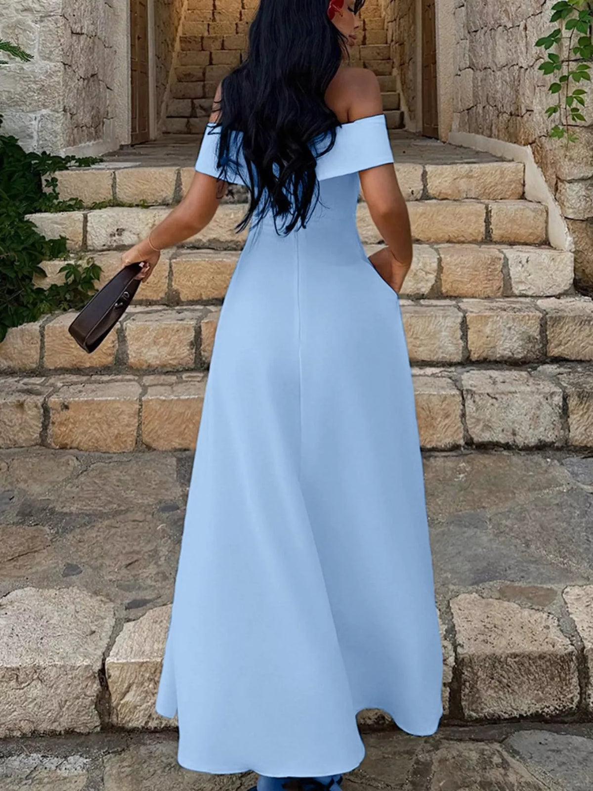 Off shoulder A line maxi dress styling detail
