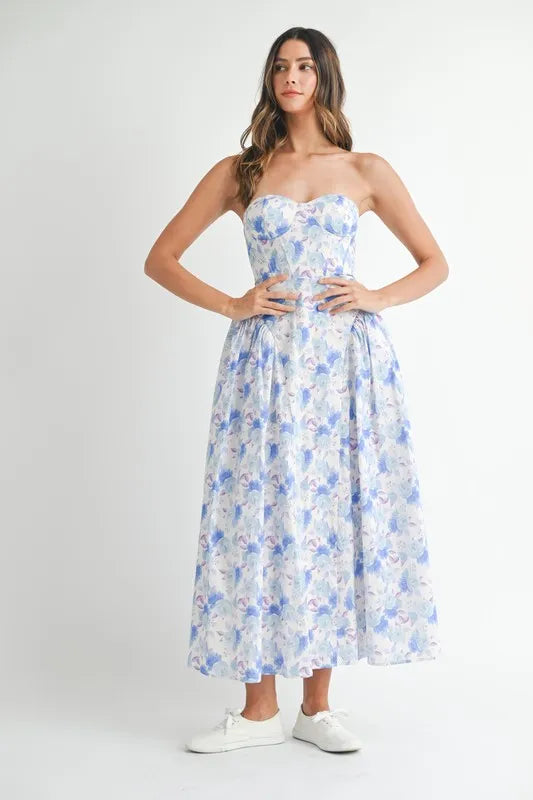 Sweetheart Neckline Floral Printed Midi Dress