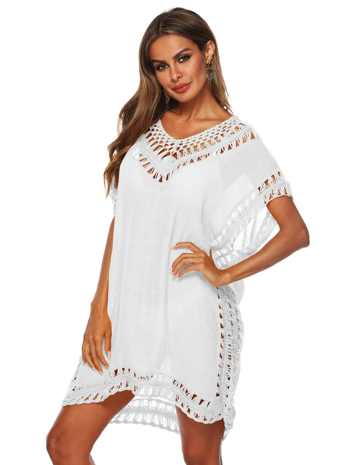 Bohemian Crochet Trim Beach Cover Up Dress White One Size - Fashorio