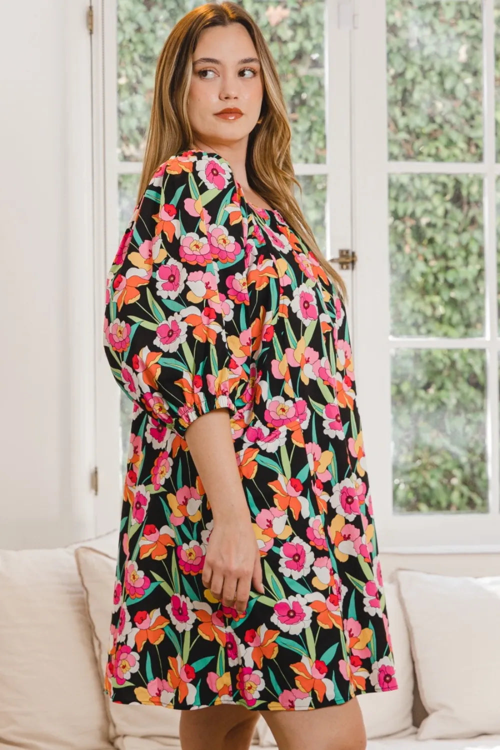Floral Puff Sleeve Mini Dress in Black side view