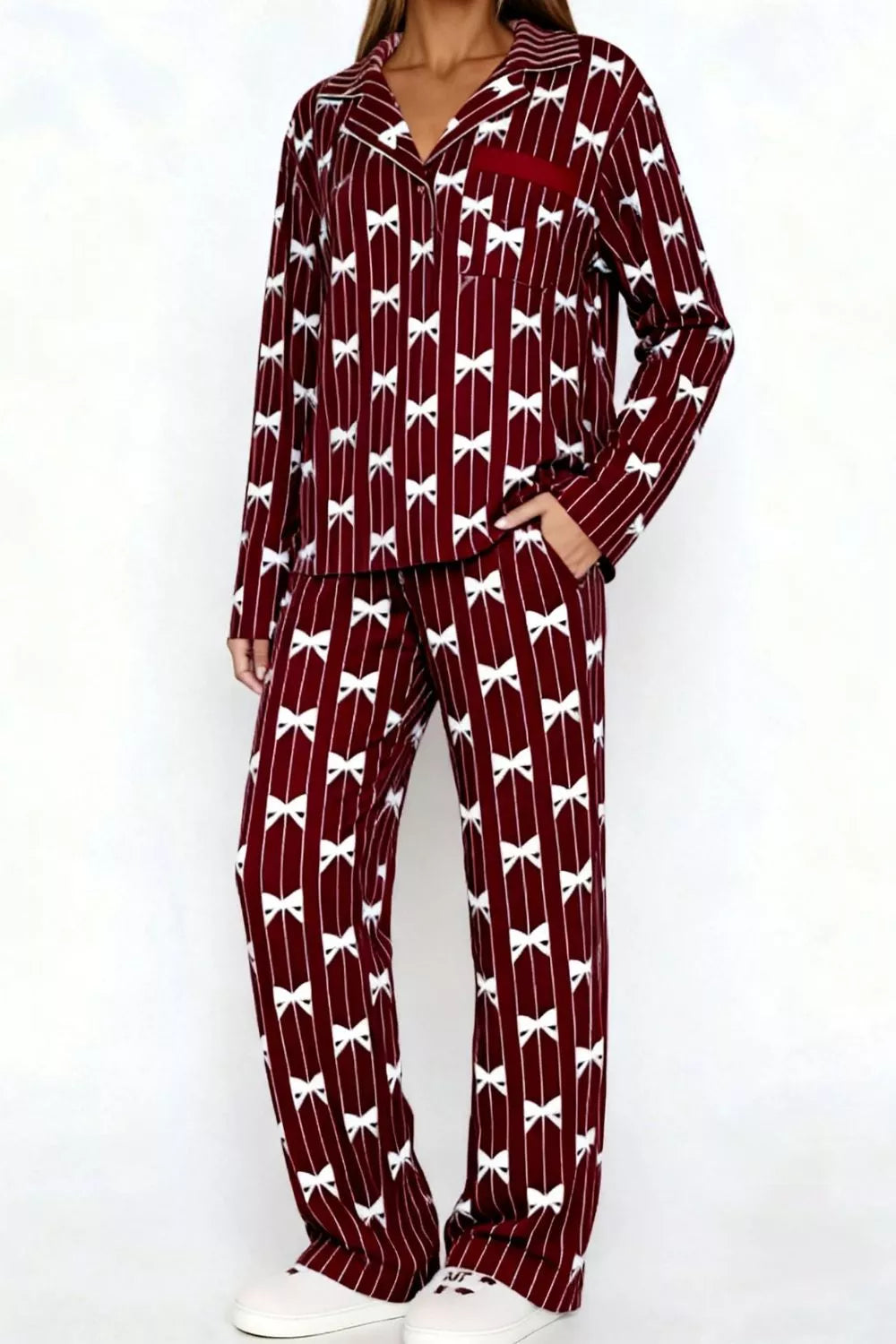 Bow Print Top and Wide Leg Pants Lounge Set, view 11