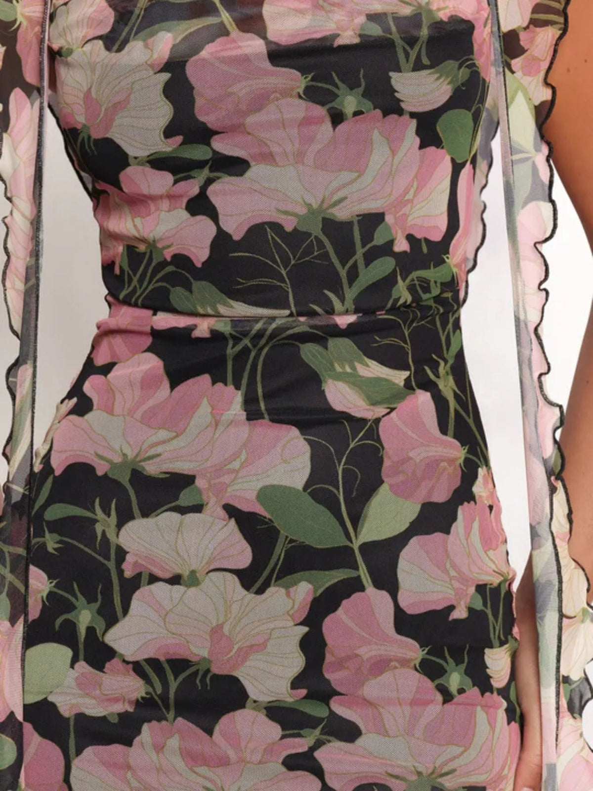 floral ruffle trim bodycon maxi dress back view