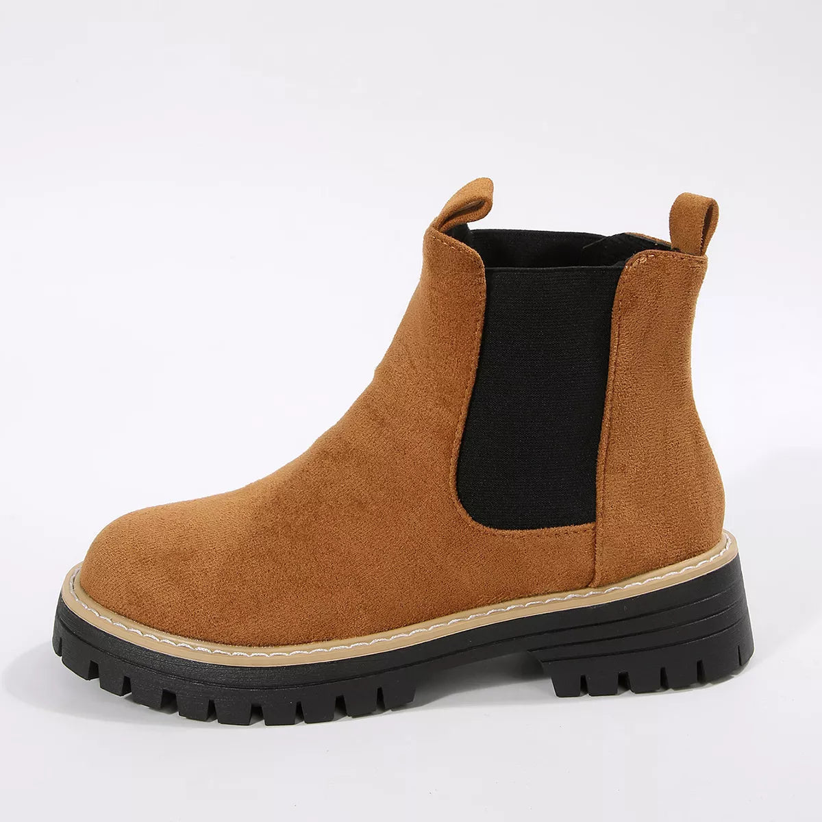 Suede round toe block heel boots back view