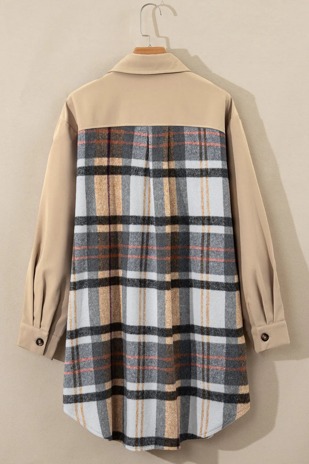 khaki plaid long sleeve button front mini shirt dress fabric and print detail