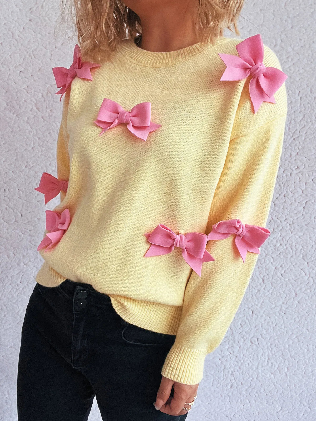 Bow round neck long sleeve sweater styled look