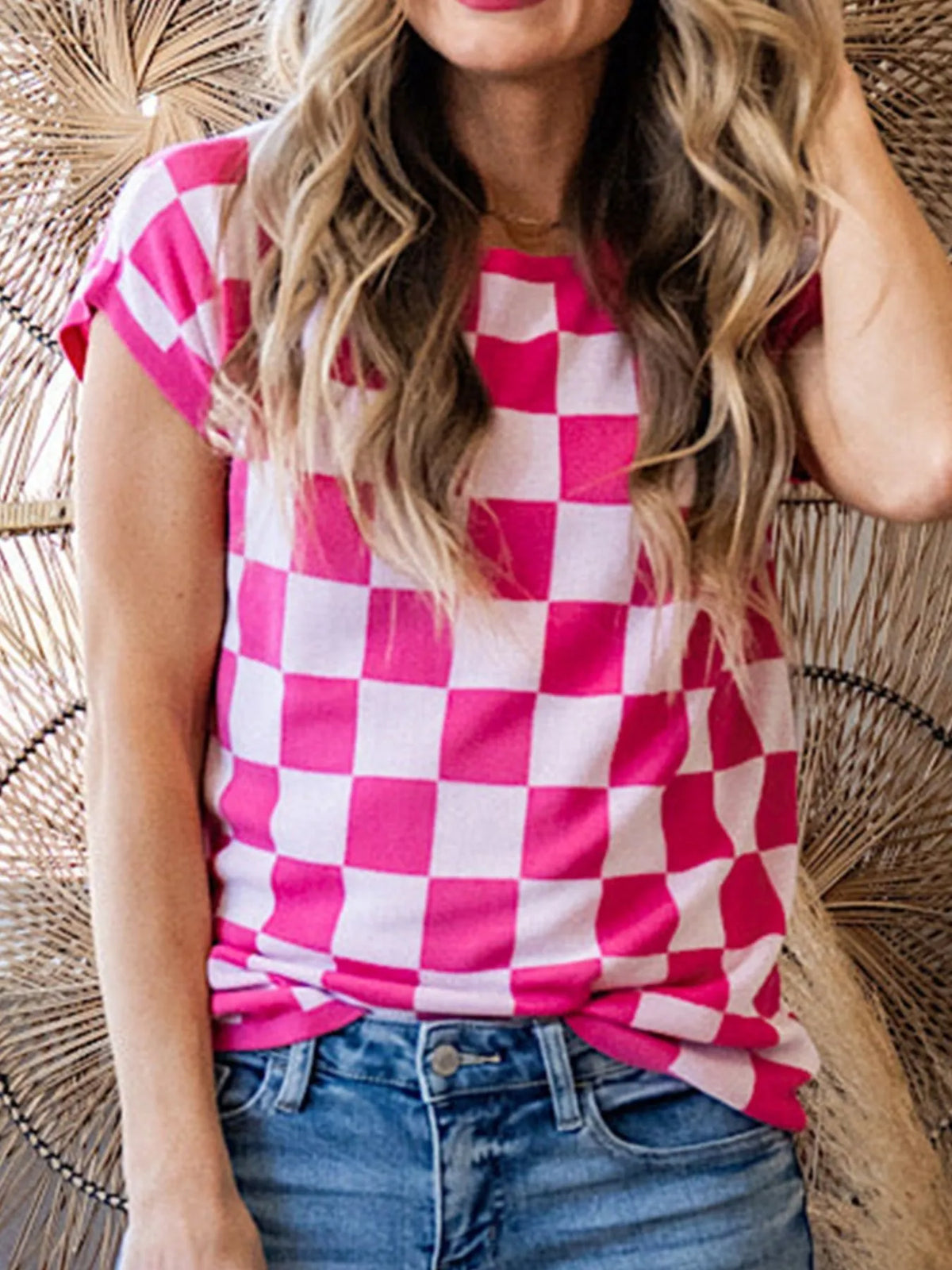 Checkered Cap Sleeve Sweater Top back view