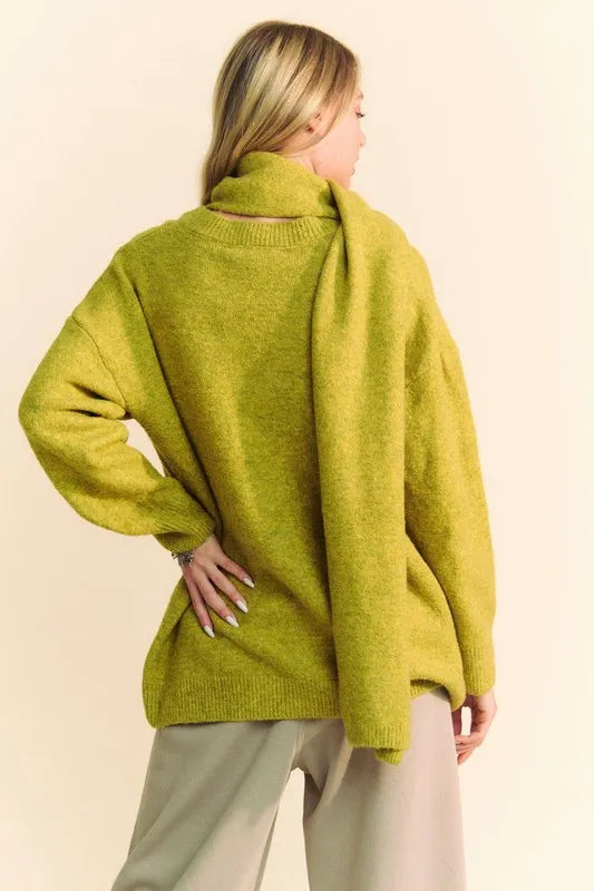 Davi & Dani V-Neck Dropped Shoulder Sweater with Scarf - Fashorio