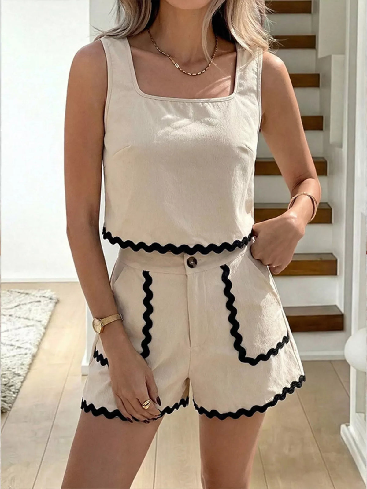 Scalloped trim tank and shorts set in apricot front view