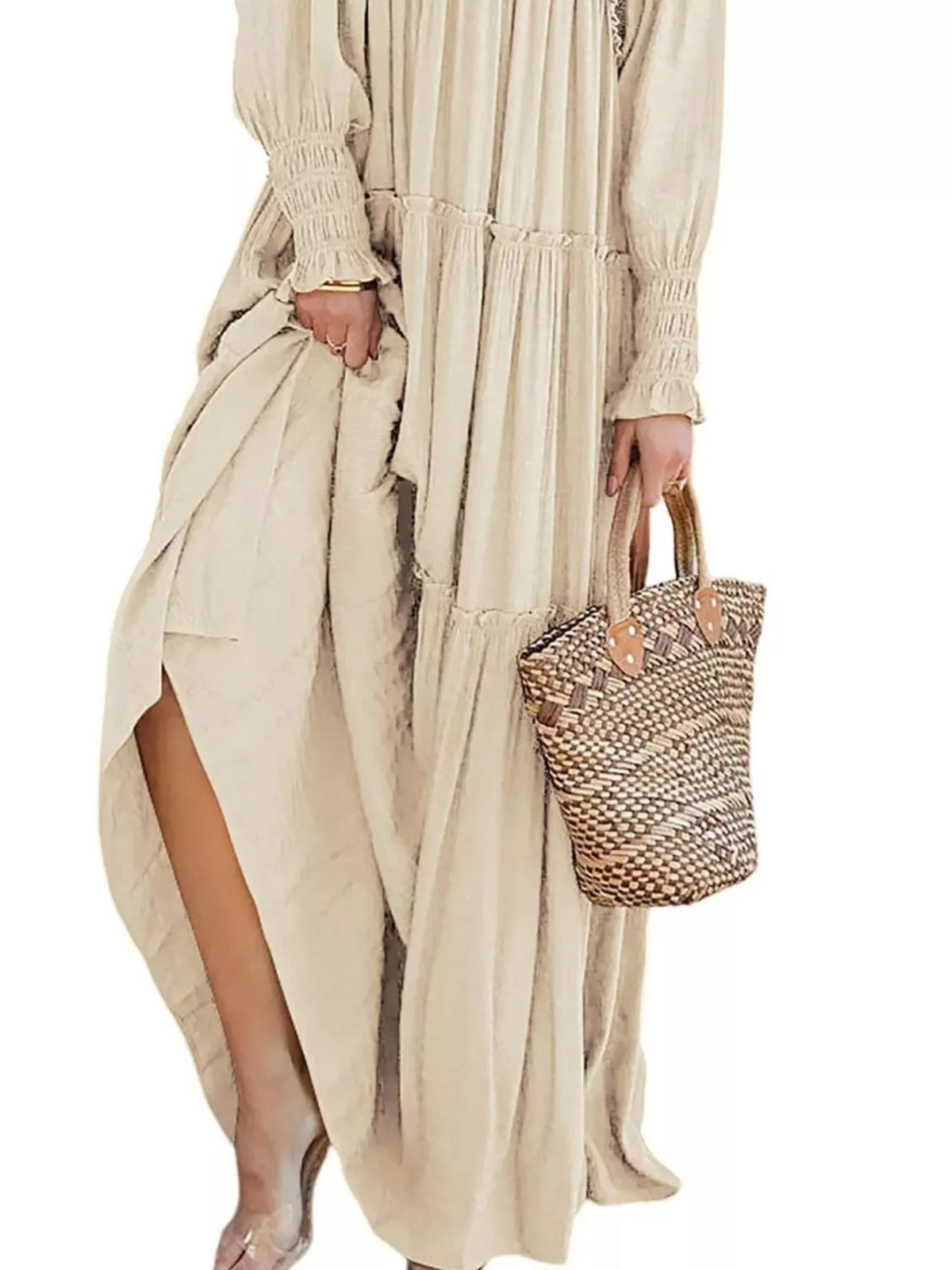 v neck long sleeve tiered maxi dress styled view