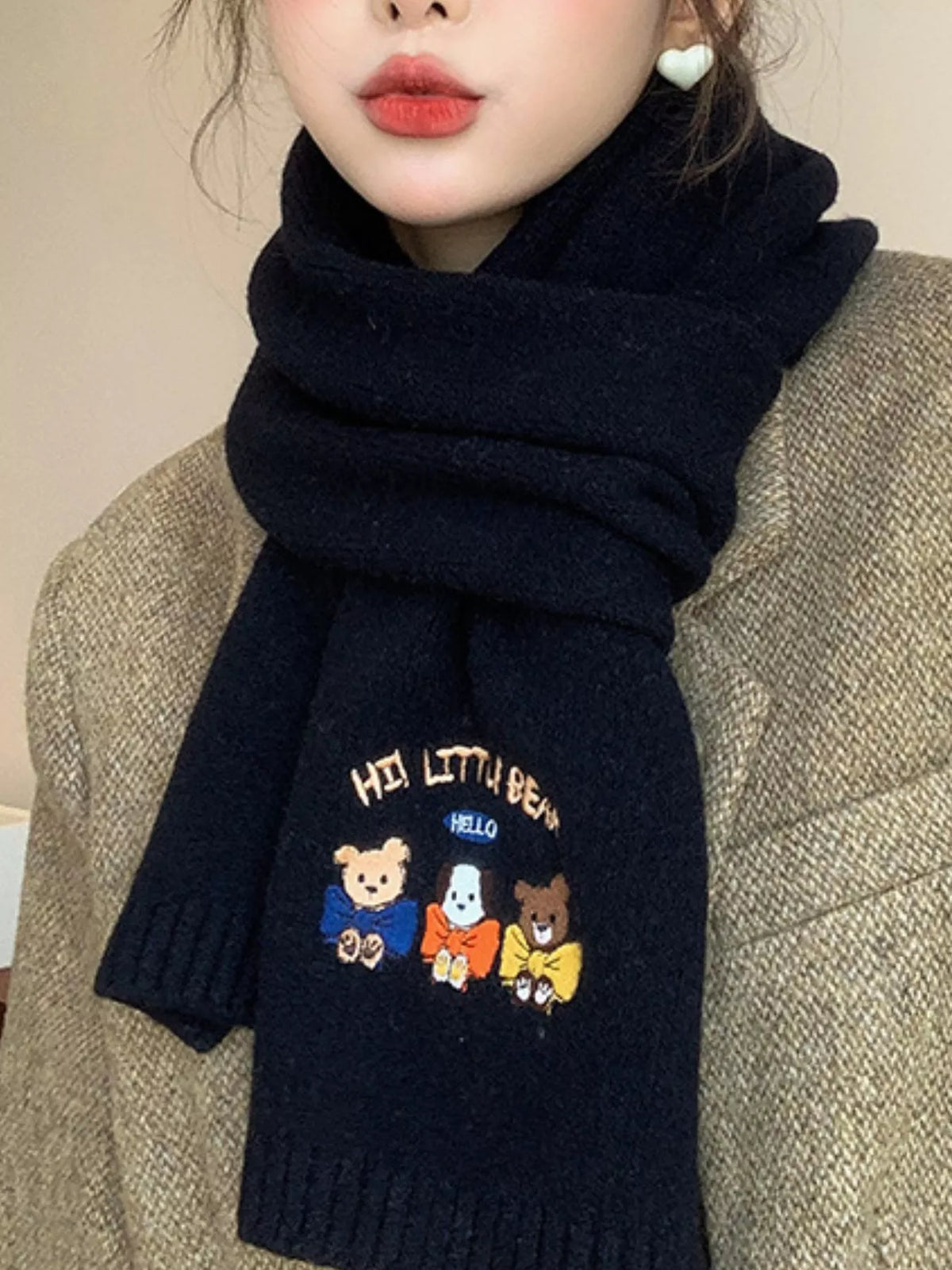 Full length view of the embroidered cartoon warm scarf