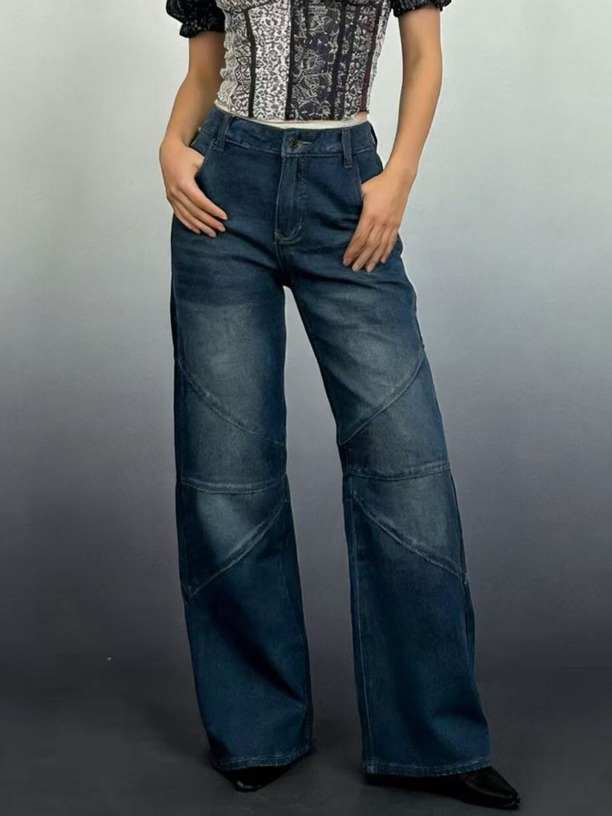 Vintage wash wide leg jeans front view