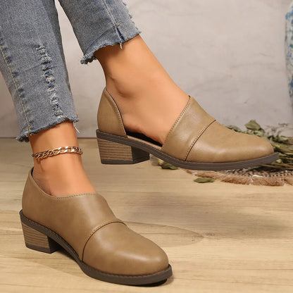 Point Toe Block Heels Pumps Khaki - Fashorio
