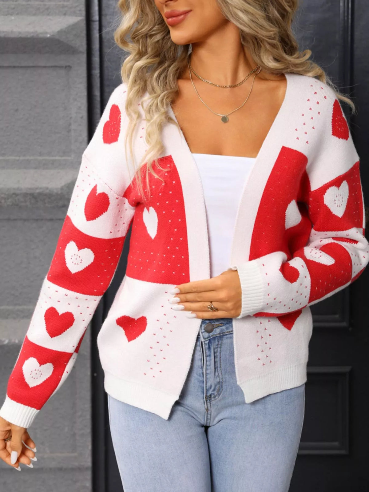 Heart pattern knit cardigan closeup