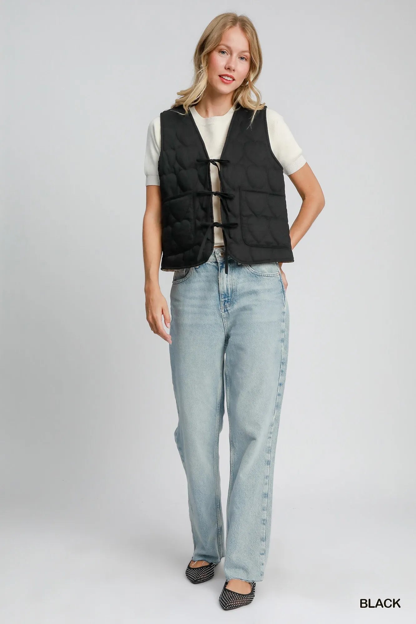 Umgee Heart Quilted Tie-Front Vest - Fashorio
