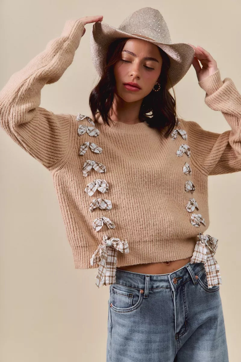 Checkered Plaid Lace Up Ribbed Sweater in Taupe view 9