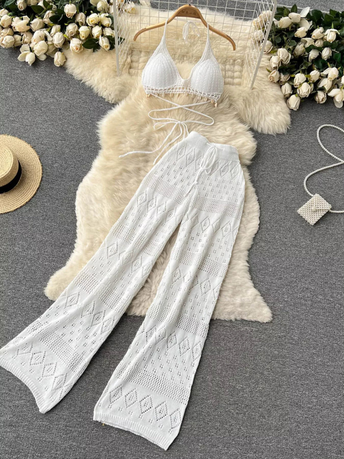 Wide leg crochet pants detail