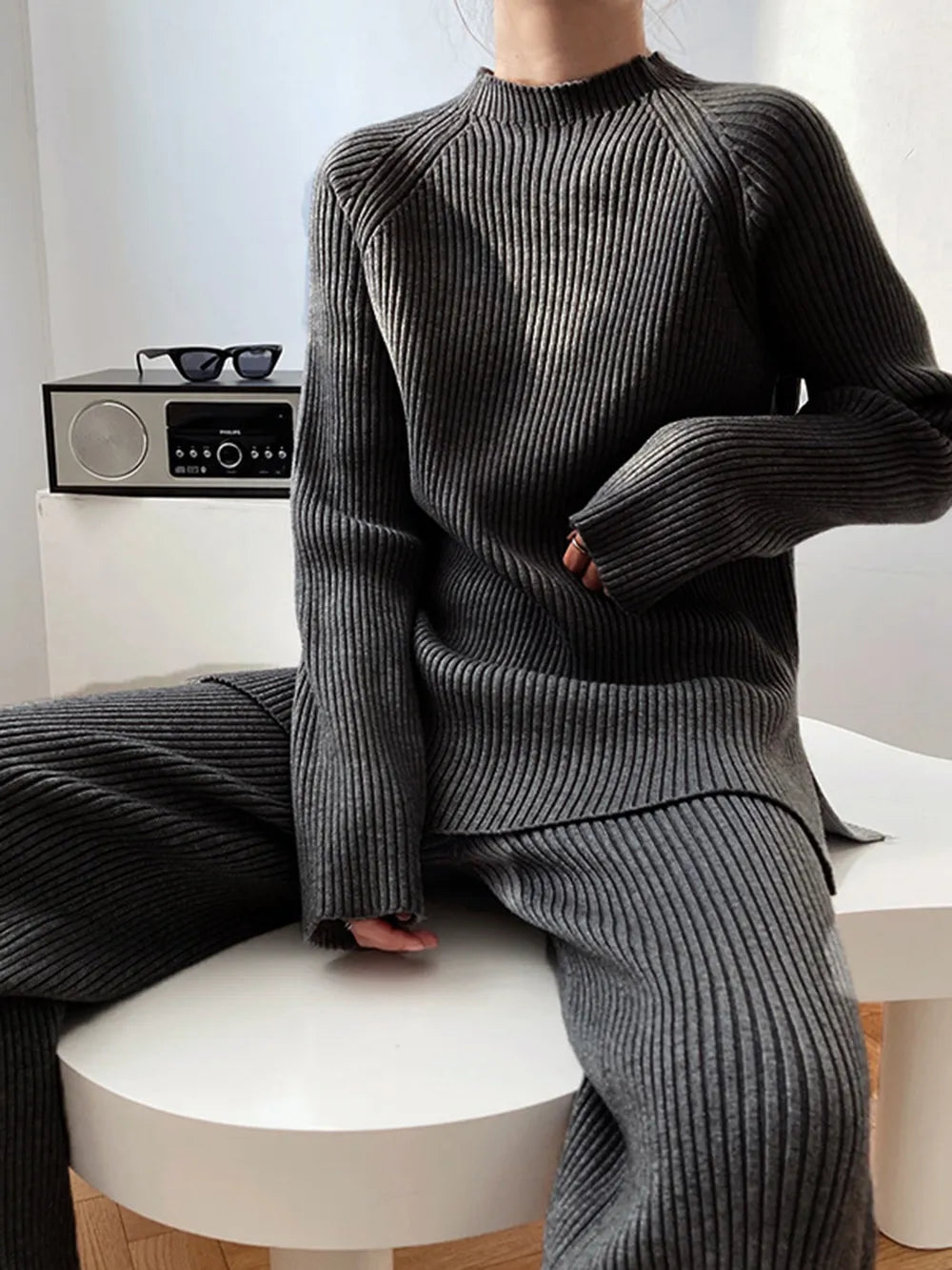 Mock Neck Raglan Sleeve Top and Pants Sweater Set Black One Size - Fashorio