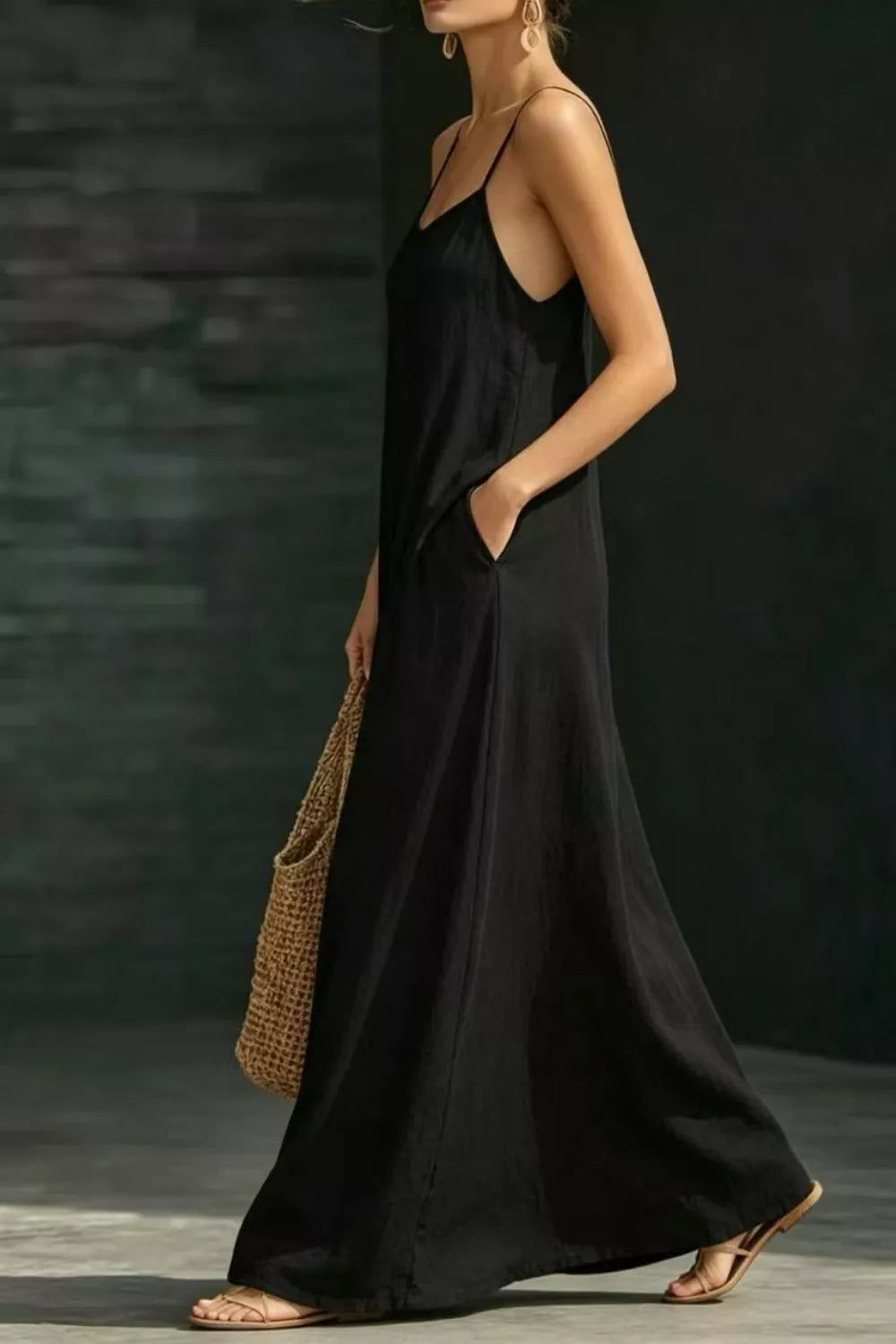 Black loose fit maxi dress full length view