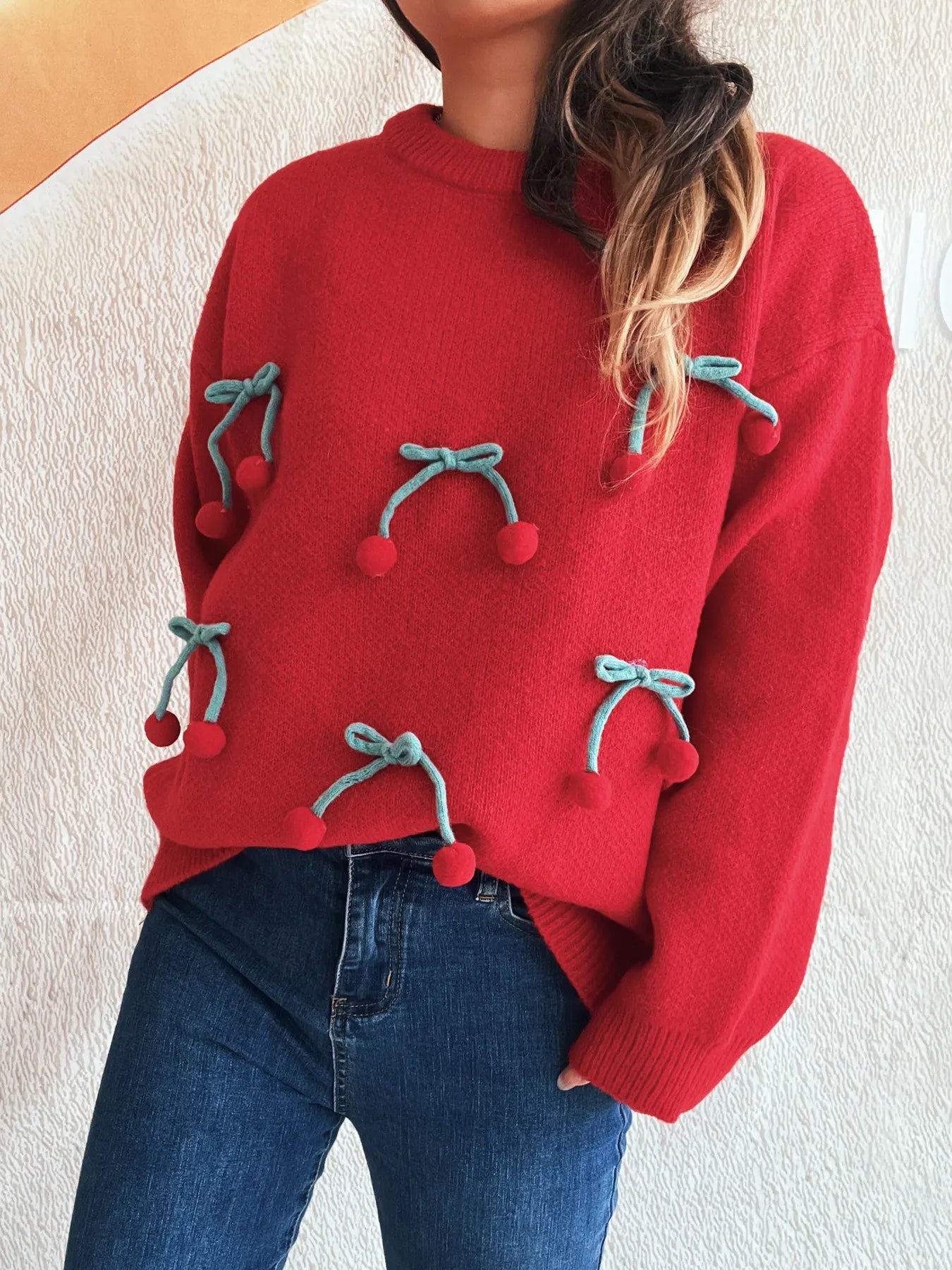 Cherry Round Neck Long Sleeve Sweater - Fashorio