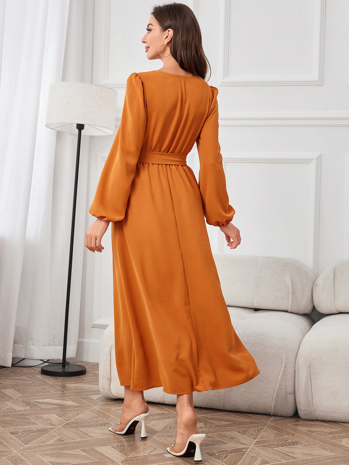 Tie Waist Puff Sleeve Maxi Dress - Fashorio