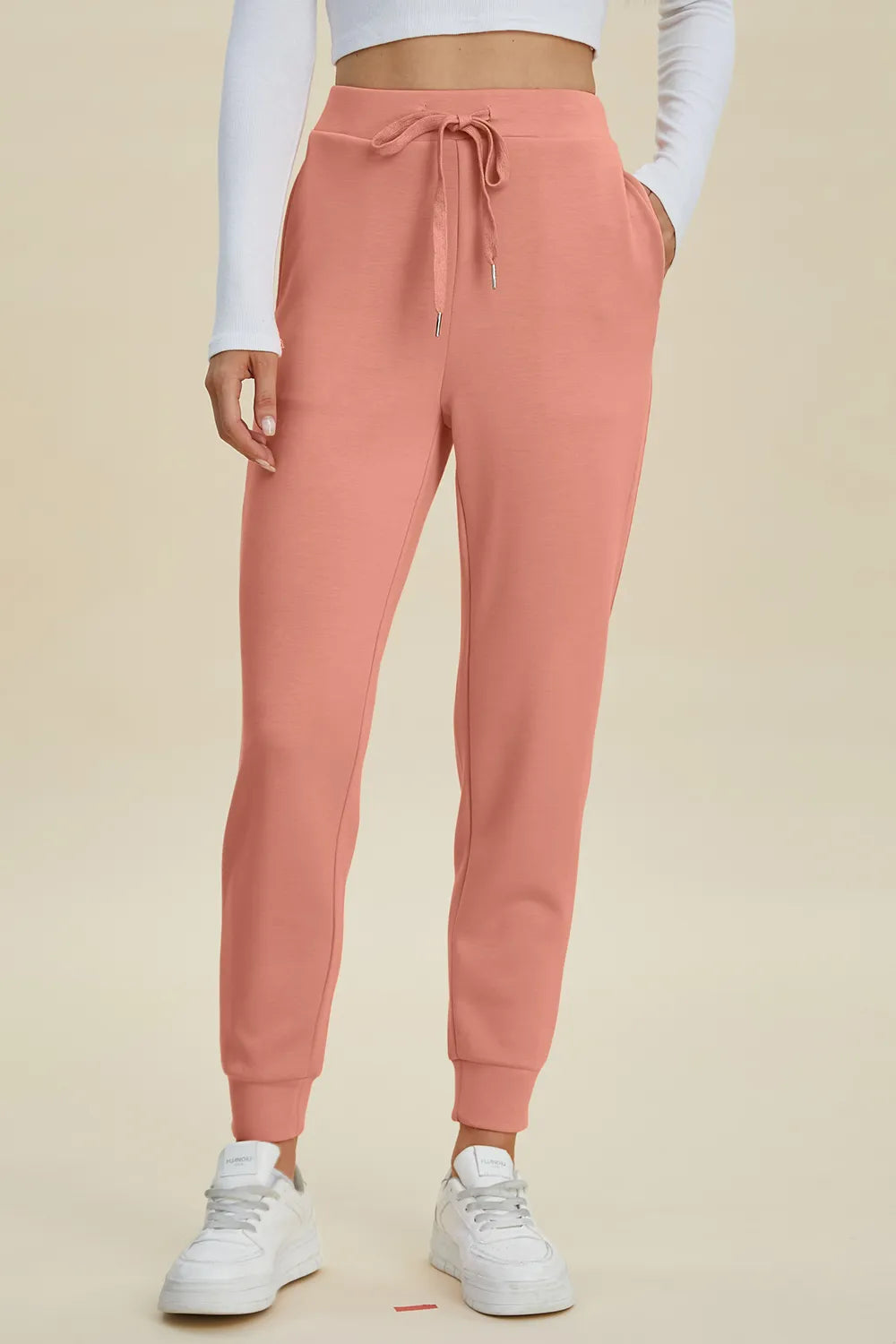 High waist drawstring scuba joggers coral colorway