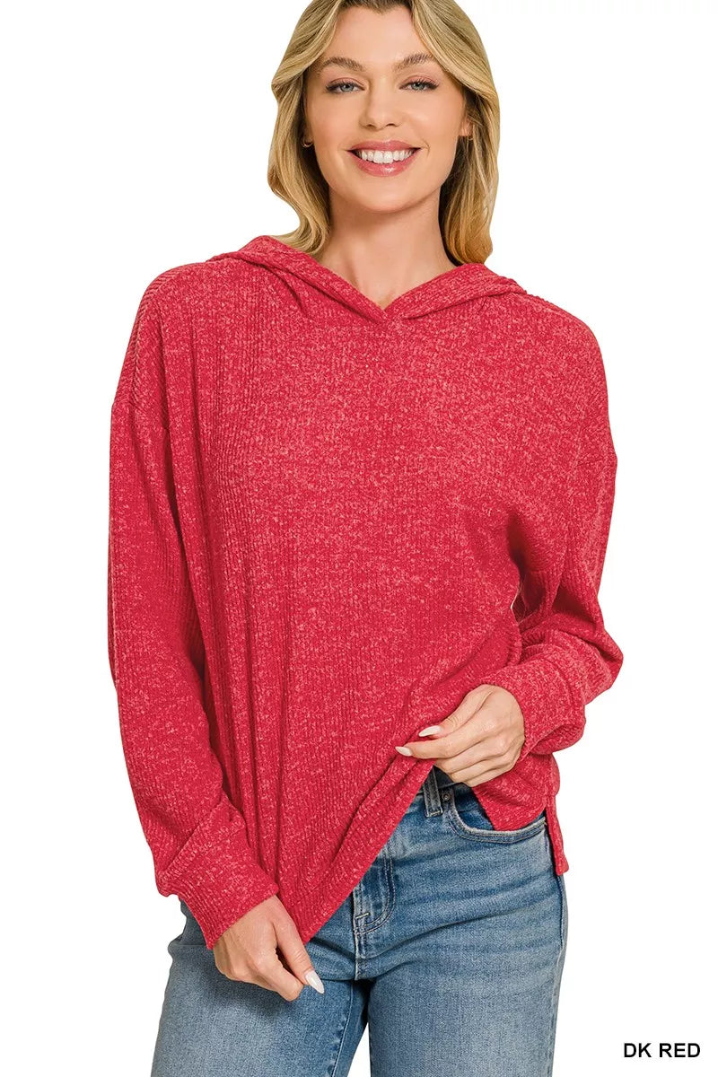 Zenana brushed ribbed hacci hoodie in dark red