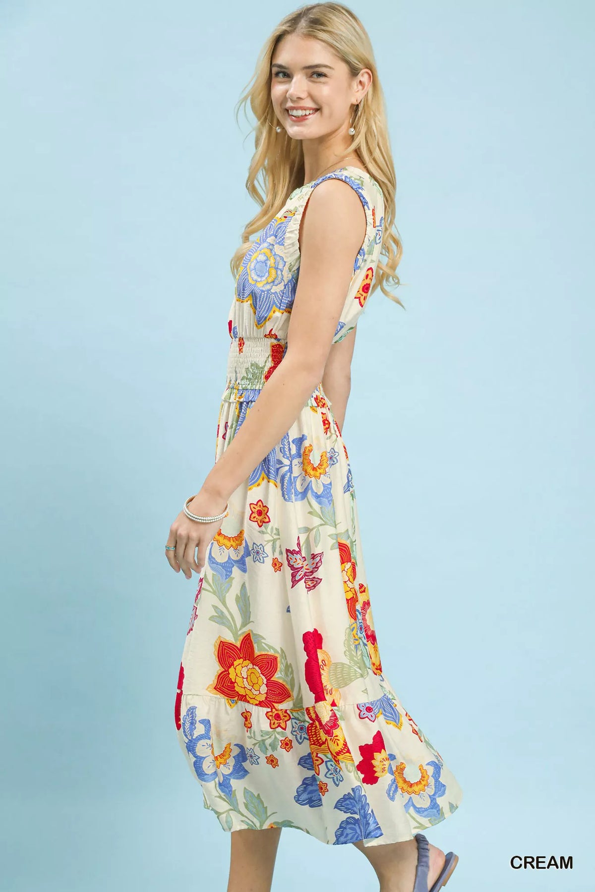 Cream floral midi dress smocked bodice detail