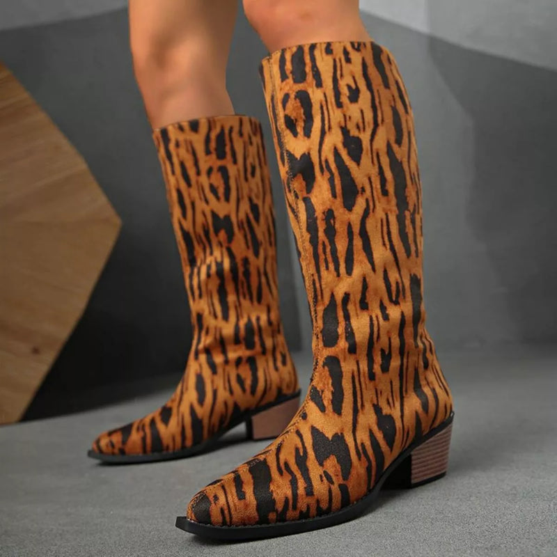 leopard pointed toe block heel boots front view